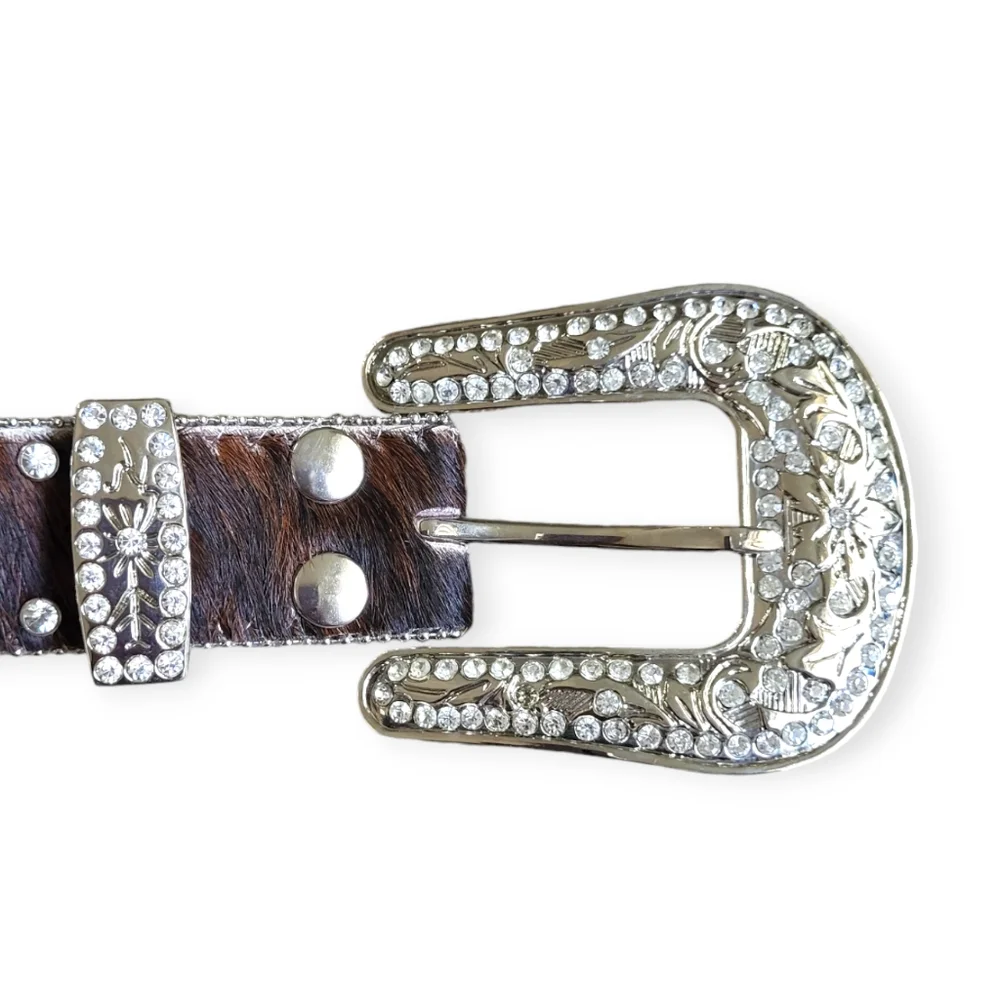 Nocona Women's Calf Hair On Hide Rhinestone Leather Western Belt Brown Silver M